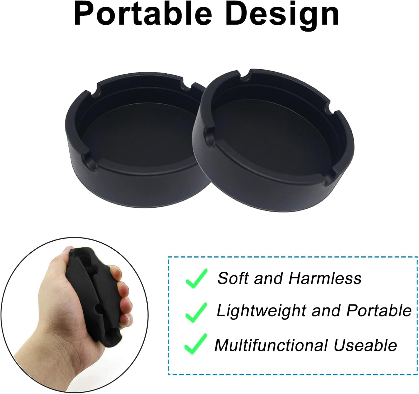 Set of 2 Black Silicone Ashtrays, nonstick and heat resistant, displaying design features, ideal for portable use in home or travel.