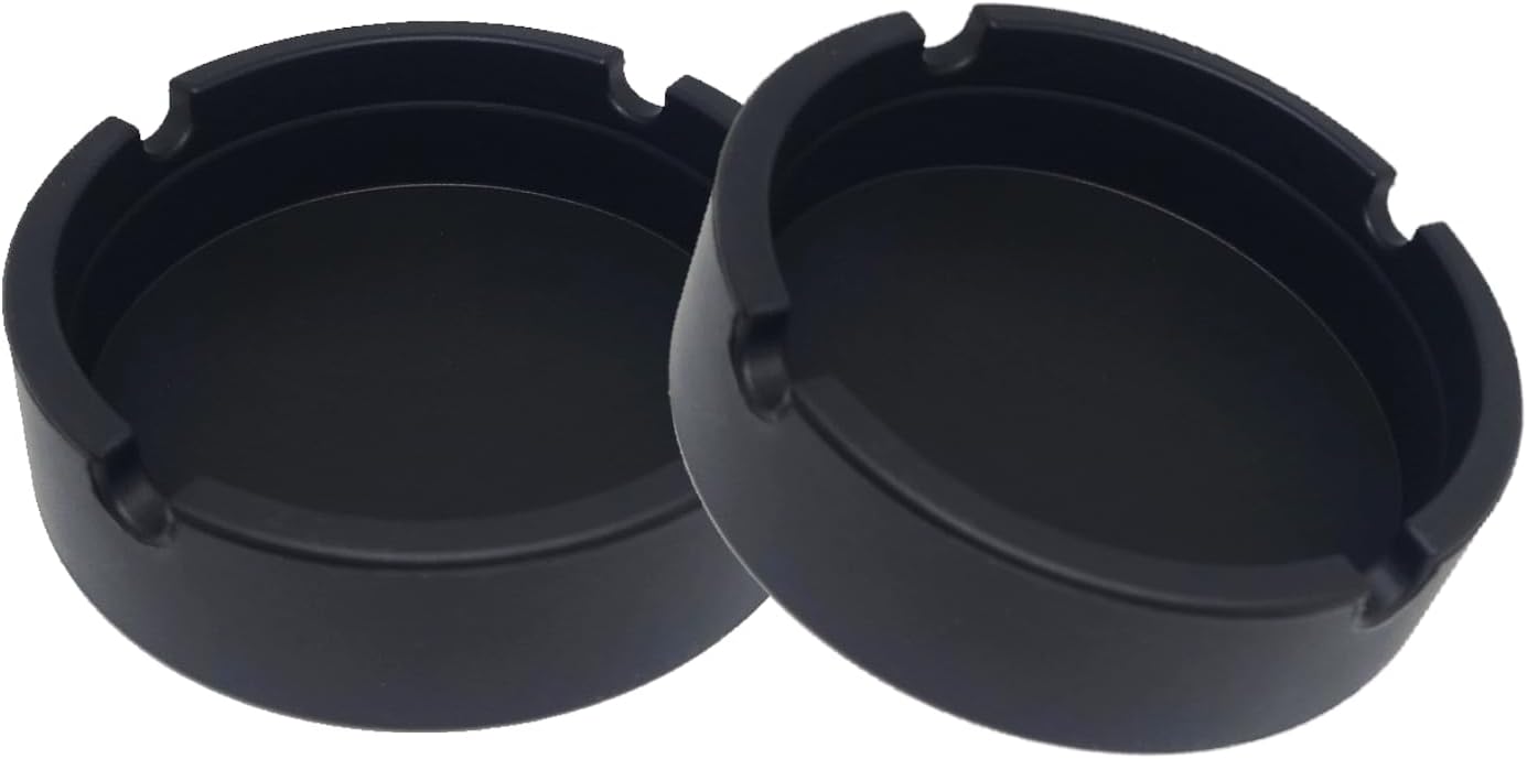 Set of 2 Black Silicone Ashtrays, nonstick and heat resistant, displayed on white background, ideal for portable use in home or travel.