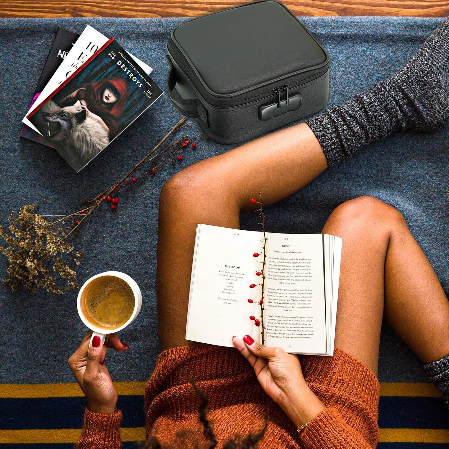 Black Matte Leather Smell Proof Storage Box with Girl Reading Book Background