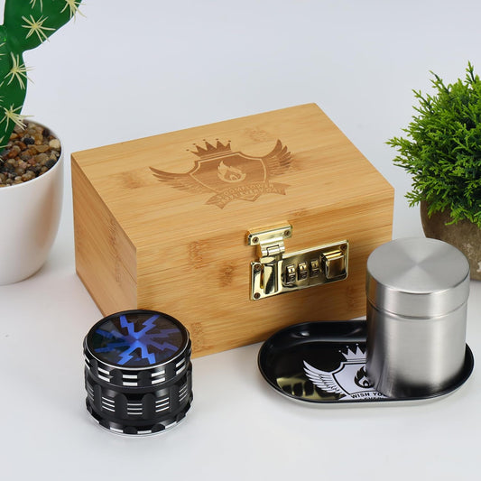 BloomFlower Smell Proof Stash Box Combo Kit with a lockable black stashbox, metal rolling tray, stainless steel jar, and smoking accessories arranged on a white background.