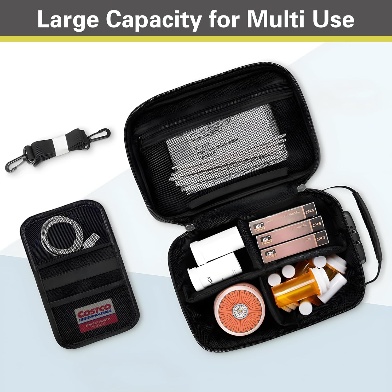 Kazaigou Smell Proof Bag and Stash Box with combination lock, including accessories, displayed on a clean background for secure odor-proof storage.
