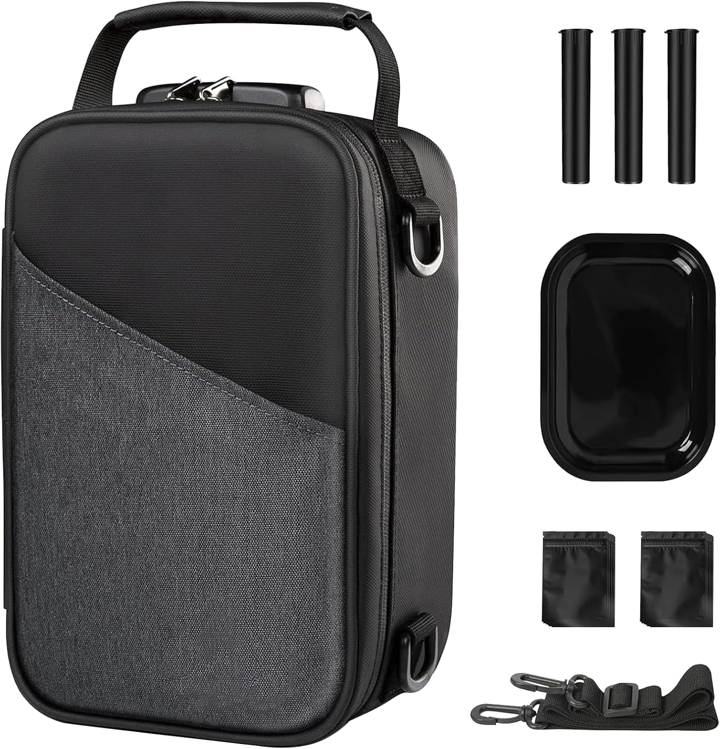 Kazaigou Smell Proof Bag and Stash Box with combination lock, including accessories, displayed on a clean background for secure odor-proof storage. 