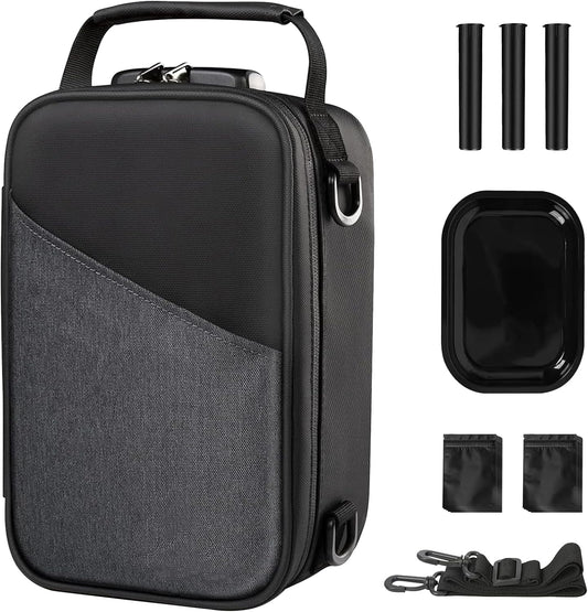 Kazaigou Smell Proof Bag and Stash Box with combination lock, including accessories, displayed on a clean background for secure odor-proof storage. 