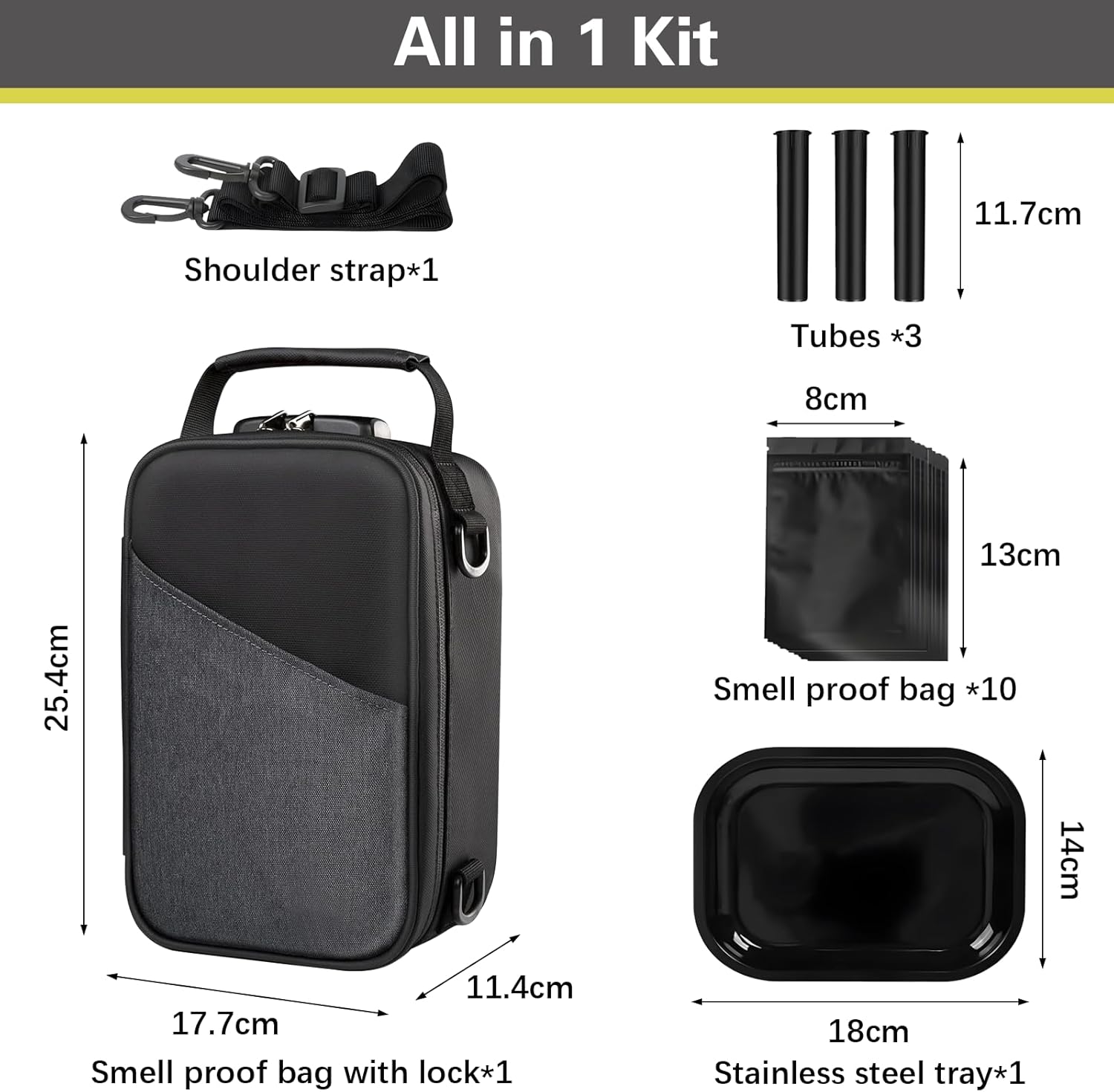 Kazaigou Smell Proof Bag and Stash Box with combination lock, including accessories, displayed on a clean background for secure odor-proof storage. 
