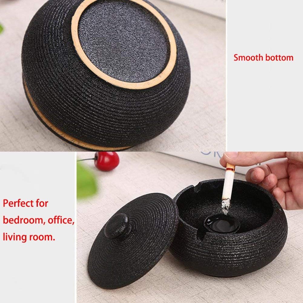 Lependor Black Ceramic Ashtray with windproof lid, displayed on a table, ideal for indoor or outdoor smoking, home, or office decoration.