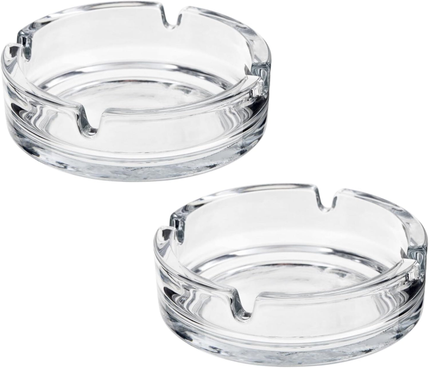Set of 2 Round Glass Ashtrays, clear and stylish, displayed on a table, ideal for home, garden, bar, or pub use in smoking accessory collection.