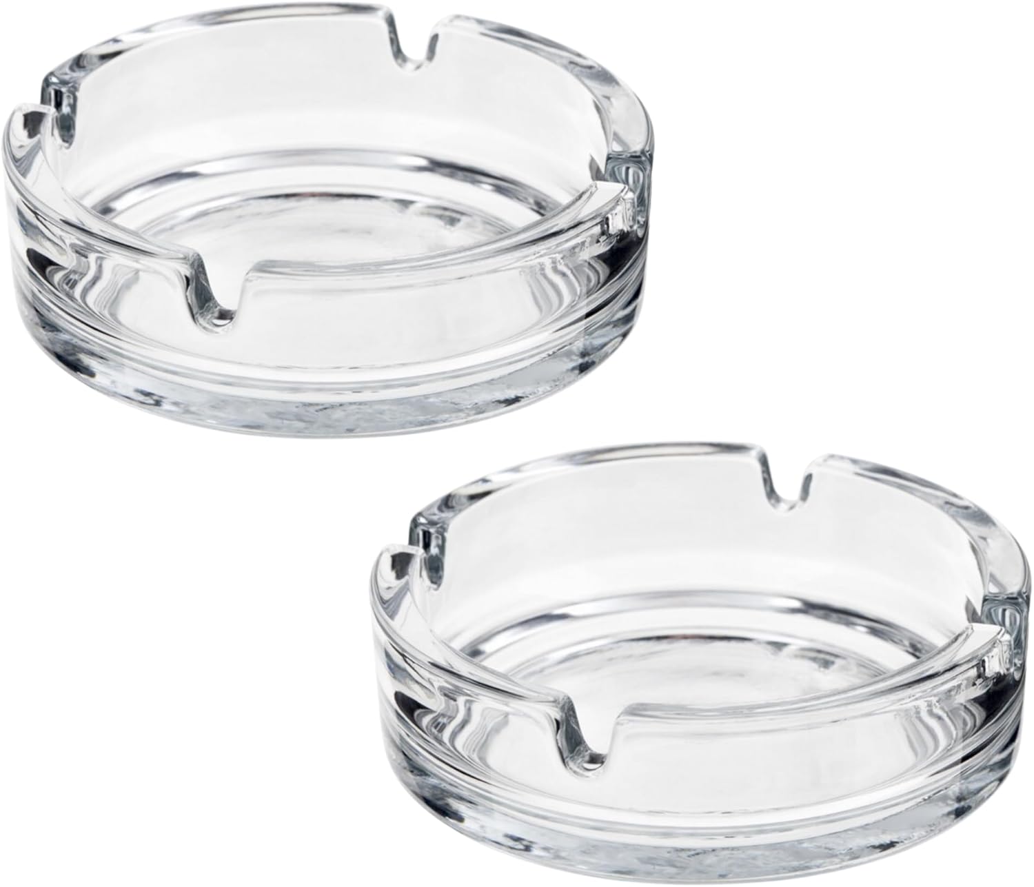 Set of 2 Round Glass Ashtrays, clear and stylish, displayed on a table, ideal for home, garden, bar, or pub use in smoking accessory collection.