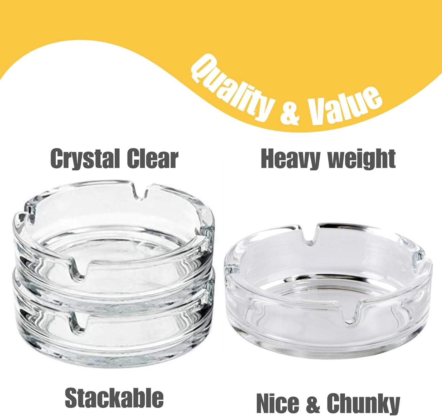 Set of 2 Round Glass Ashtrays, clear and stylish, displayed on a table, ideal for home, garden, bar, or pub use in smoking accessory collection.