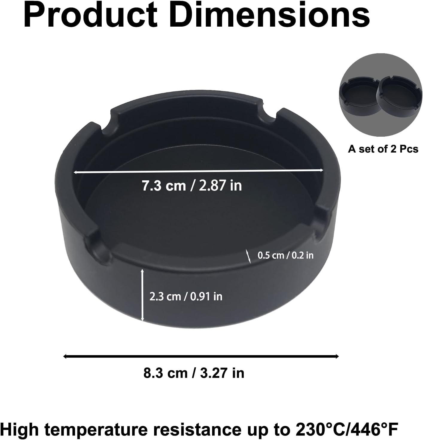 Set of 2 Black Silicone Ashtrays, nonstick and heat resistant, displaying ashtray size, ideal for portable use in home or travel. 