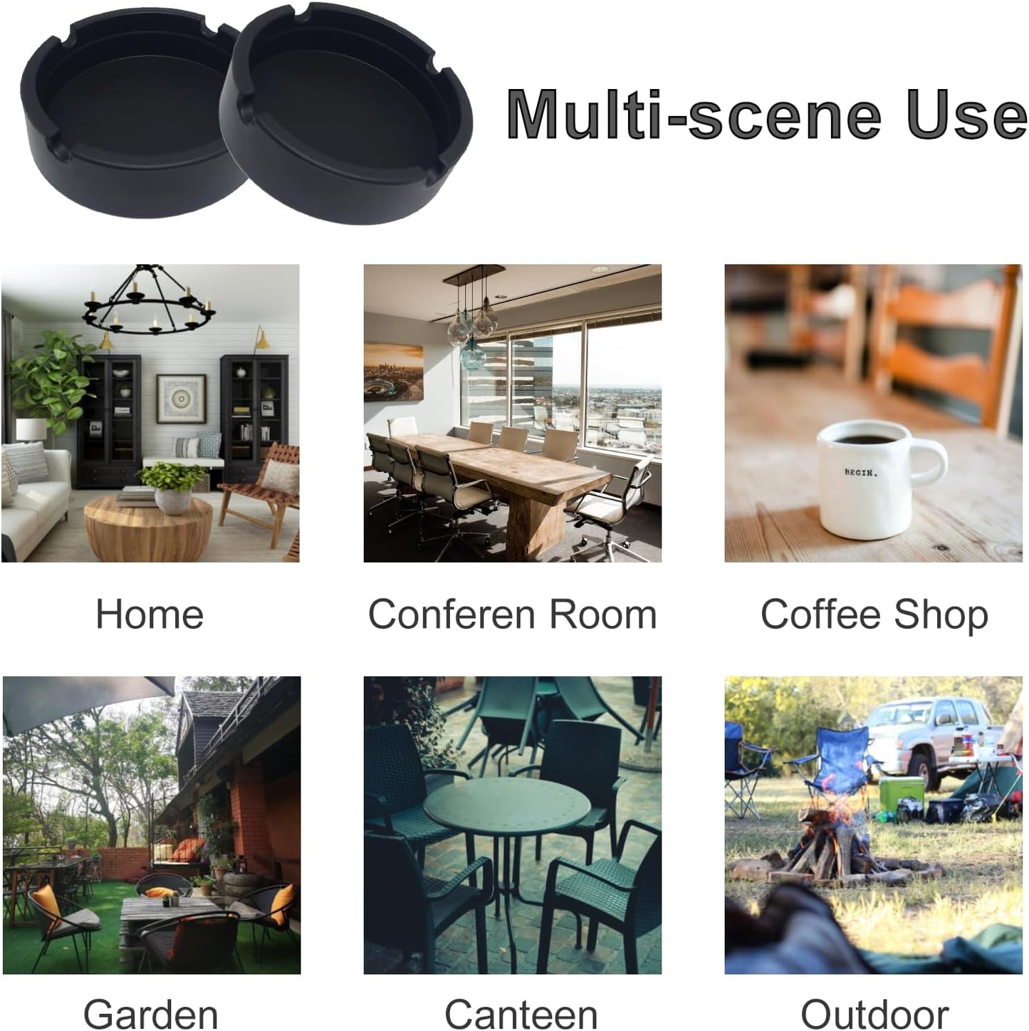 Set of 2 Black Silicone Ashtrays, nonstick and heat resistant, displaying multi-scenes where to use ashtray, ideal for portable use in home or travel. 