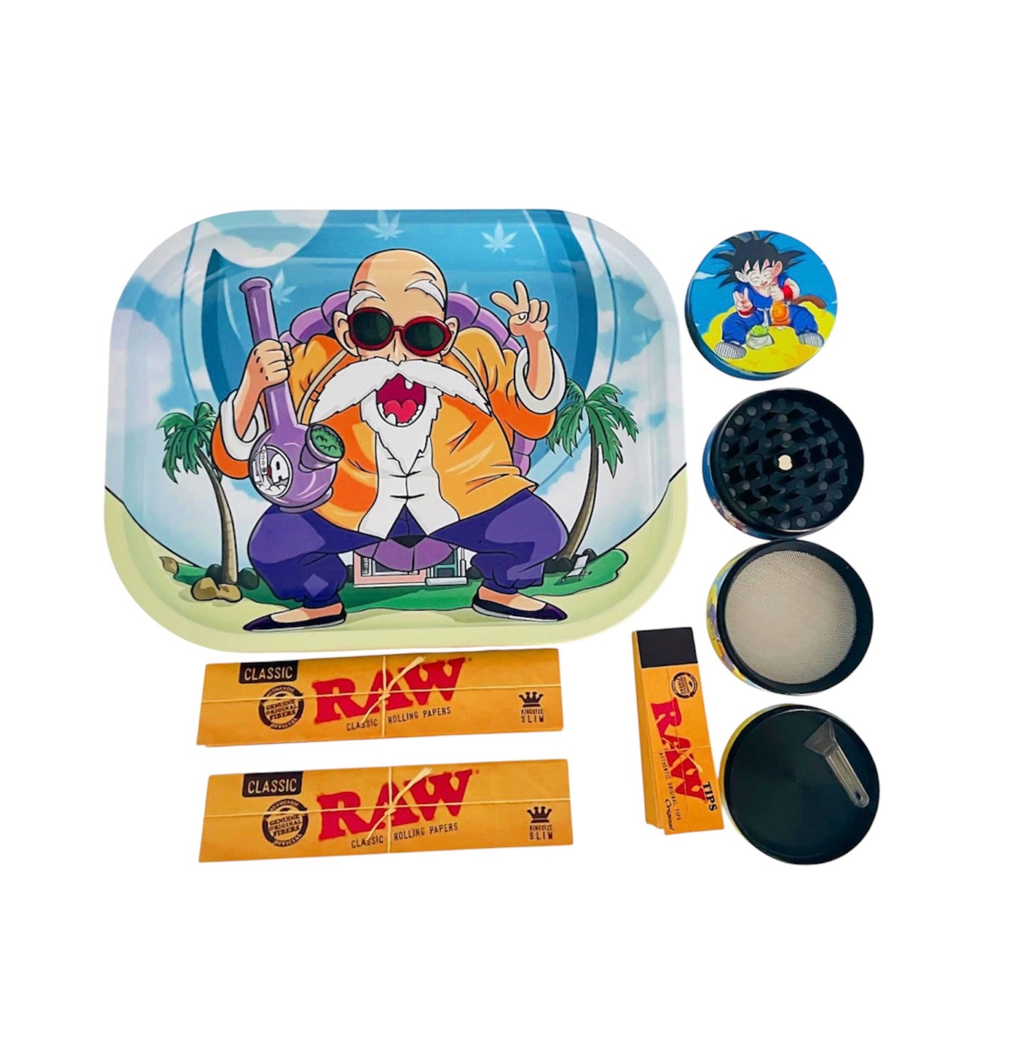 Custom Master Roshi rolling tray and Goku grinder gift set with Dragon Ball Z artwork